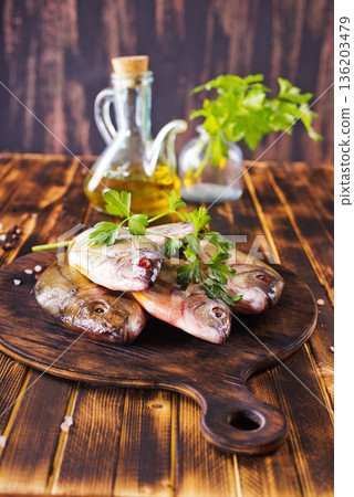 Raw pike perch, pikeperch fish. Fresh fish. 136203479