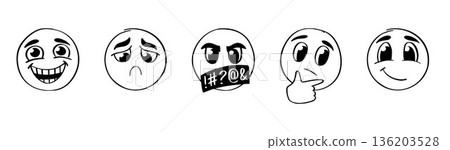 Vector set of hand-drawn emoji faces. Cute doodle emotions. Expressions, showing laugh, joy, sad, thoughtfulness. Simple doodle emoji set in a playful style. Vector linear outline illustration Vector set of hand-drawn emoji faces. Cute doodle emotions. Expressions, showing laugh, joy, sad, thoughtfulness. Simple doodle emoji set in a playful style. Vector linear outline illustration 136203528