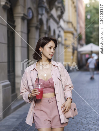 Woman in a pink outfit is walking down a street holding a pink drink 136203537