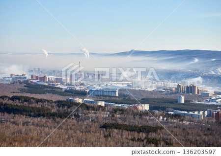 Winter city skyline with industrial smoke plumes over residential buildings and a bare forest. Urban landscape and environmental pollution concept. 136203597