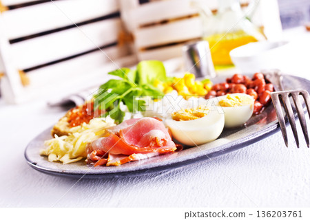 Organic sunny side egg with bacon with vegetables. Healthy keto breakfast. Organic sunny side egg with bacon with vegetables. Healthy keto breakfast. 136203761
