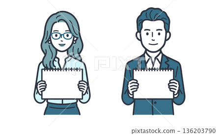 Illustration of a man and woman displaying a message on a flipboard 136203790