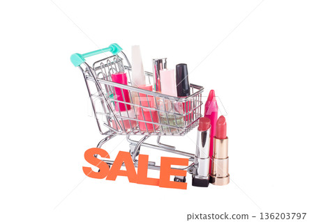 Shopping cart filled with cosmetic products Shopping cart filled with cosmetic products 136203797