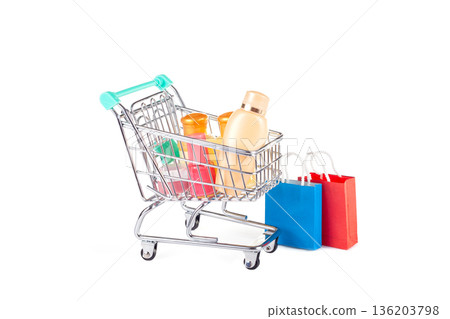 Shopping cart filled with cosmetic products Shopping cart filled with cosmetic products 136203798