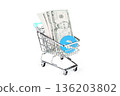 Shopping cart with dollar bills and internet symbol for ecommerce sales concept 136203802