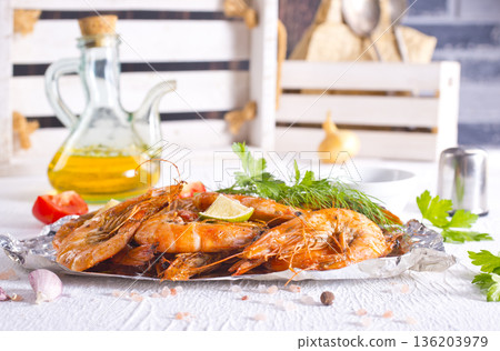 boiled shrimps with spice on metal plate boiled shrimps with spice on metal plate 136203979