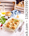 Italian casserole of baked meatballs in spicy white sauce with mozzarella cheese 136203990