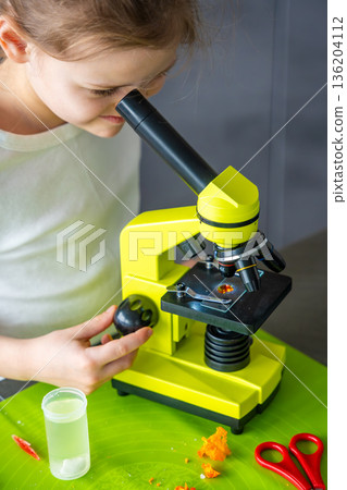 Close portrait of young girl looking through microscope during home science experiment. Focused scientific observation and early STEM education through hands on research activity. Close portrait of young girl looking through microscope during home science experiment. Focused scientific observation and early STEM education through hands on research activity. 136204112