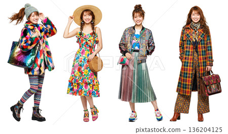 Colorful costume young woman full body 4 poses Transparent PNG Flashy casual outfit for each season 136204125