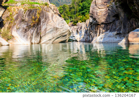 View of the Verzasca river in Lavertezzo, Verzasca Valley, Ticino Canton, Switzerland 136204167