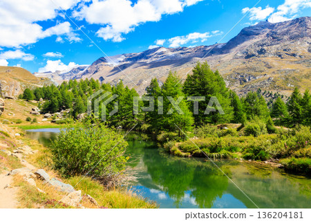 View of Grindji Lake (Grindjisee) and Swiss Alps at summer on Five-lake trail in Zermatt, Switzerland View of Grindji Lake (Grindjisee) and Swiss Alps at summer on Five-lake trail in Zermatt, Switzerland 136204181