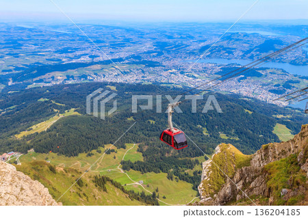 Overhead cable car to the top of Mount Pilatus in Canton Lucerne, Switzerland Overhead cable car to the top of Mount Pilatus in Canton Lucerne, Switzerland 136204185