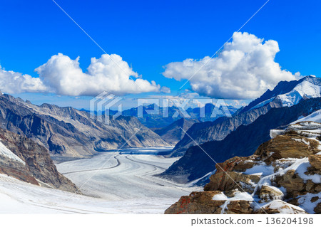 View of Great Aletsch Glacier, the largest glacier in the Alps and UNESCO heritage, in Canton of Valais, Switzerland 136204198