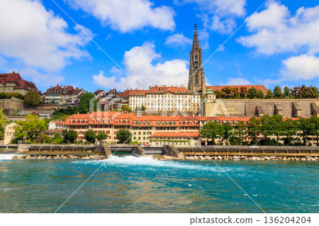 View of the old town of Bern with cathedral and dam on the Aare river, Switzerland 136204204