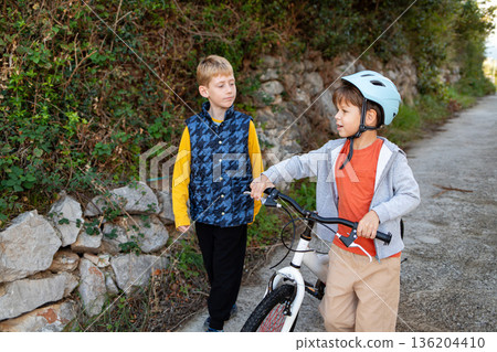 Two young boys walking with a bicycle outdoors and talking, childhood friendship and active lifestyle 136204410