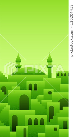 Arabic city panorama in pistachio green color for chocolate packaging 136204415