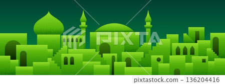 Arabic city panorama in pistachio green color with mosque silhouettes Arabic city panorama in pistachio green color with mosque silhouettes 136204416
