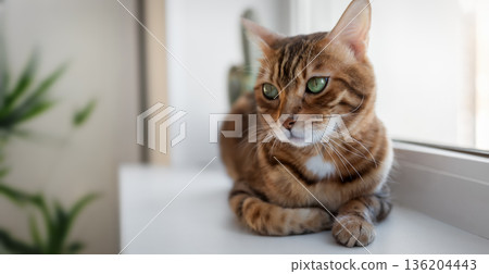 Bengal cat on windowsill Bengal cat on windowsill 136204443