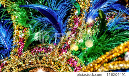 Vibrant Sparkling Feathers and Beads in Carnival Celebration for Glamorous Party 136204491