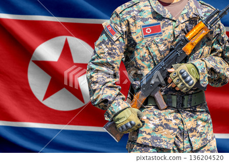 North Korea flag with soldier holding assault rifle North Korea flag with soldier holding assault rifle 136204520