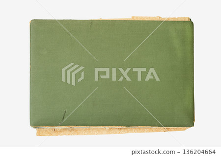 Vintage book cover with green fabric surface, visible wear, binding edges and aged cardboard forming book cover background for design. 136204664