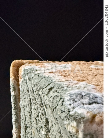 A close-up shot of moldy bread. Baked goods covered in blue mold due to long-term and improper storage. 136204842