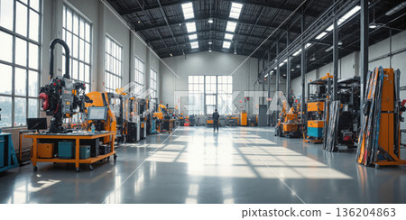 High-Performance Sports Equipment Factory A state-of-the-art factory where high-performance sports equipment like bikes, skis, and climbing gear are made. 136204863