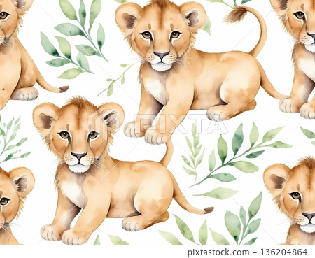 Watercolor cute lion cub seamless pattern for wrapping paper and fabric design Watercolor cute lion cub seamless pattern for wrapping paper and fabric design 136204864