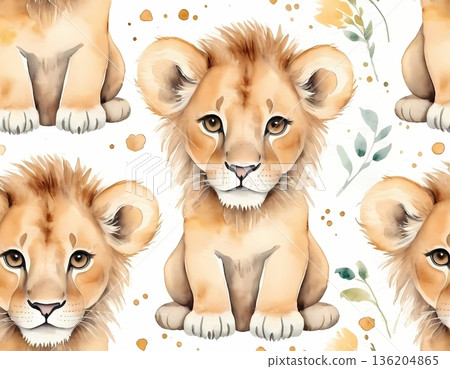 Watercolor cute lion cub seamless pattern for wrapping paper and fabric design 136204865