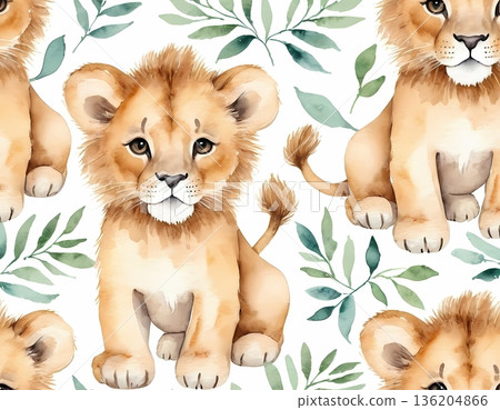 Watercolor cute lion cub seamless pattern for wrapping paper and fabric design Watercolor cute lion cub seamless pattern for wrapping paper and fabric design 136204866