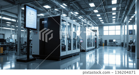 Artificial intelligence-powered factory for electronics manufacturing, with robotic precision, bright lighting, and clean, high-tech environments for efficient production. 136204871