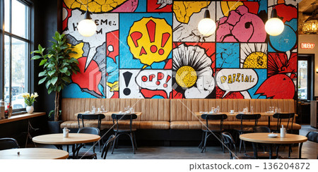Bold Pop Art Mural Wall in a Trendy Cafe A hip coffee shop corner featuring a massive pop art mural 136204872