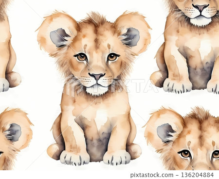 Watercolor cute lion cub seamless pattern for wrapping paper and fabric design Watercolor cute lion cub seamless pattern for wrapping paper and fabric design 136204884