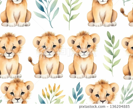 Watercolor cute lion cub seamless pattern for wrapping paper and fabric design 136204885