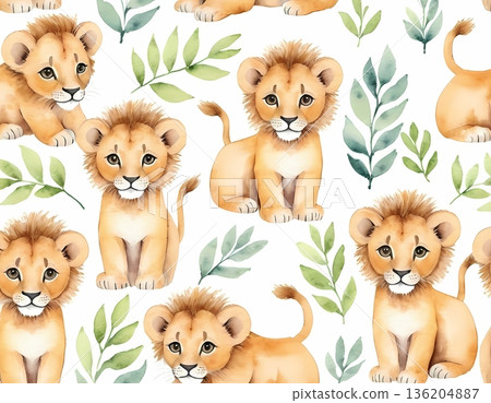 Watercolor cute lion cub seamless pattern for wrapping paper and fabric design 136204887