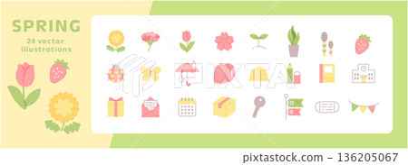 Spring new life icon set, pastel colors, vector illustrations of school entrance, plants, and gifts Spring new life icon set, pastel colors, vector illustrations of school entrance, plants, and gifts 136205067