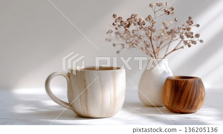 white coffee cup on wooden table 136205136