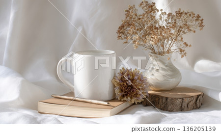 still life with a book, diary, coffee 136205139