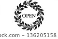 "OPEN" Sign with Stylized Coffee Plant Wreath. Black and White Floral Vector Illustration for Cafe Entrance. 136205158