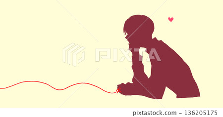 一個男人,身上繫著一條象徵命運的紅線,雙手托著下巴,身影若隱若現。 一個男人,身上繫著一條象徵命運的紅線,雙手托著下巴,身影若隱若現。 136205175