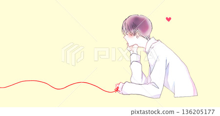 The man with whom the red thread of fate was tied, resting his chin in his hand 136205177