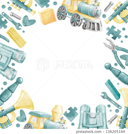 A square frame for postcards, greeting cards, and invitations. Watercolor illustration of children's toys for a boy in blue tones, isolated on a white background. A hand-drawn train, binoculars A square frame for postcards, greeting cards, and invitations. Watercolor illustration of children's toys for a boy in blue tones, isolated on a white background. A hand-drawn train, binoculars 136205184