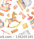 A seamless pattern for baby boys or girls. Watercolor illustrations of children's toys in orange and yellow tones isolated on a white for printing on fabric, wrapping paper, wallpaper, and backgrounds 136205185