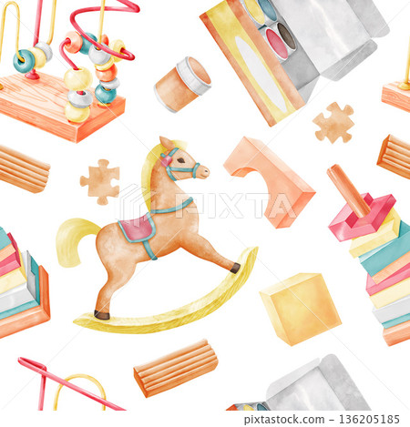 A seamless pattern for baby boys or girls. Watercolor illustrations of children's toys in orange and yellow tones isolated on a white for printing on fabric, wrapping paper, wallpaper, and backgrounds A seamless pattern for baby boys or girls. Watercolor illustrations of children's toys in orange and yellow tones isolated on a white for printing on fabric, wrapping paper, wallpaper, and backgrounds 136205185