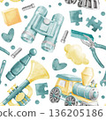 A seamless pattern for baby boys. Watercolor illustrations of children's toys in blue and yellow tones isolated on a white for printing on fabric, wrapping paper, wallpaper, and backgrounds. 136205186