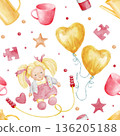 A seamless pattern for baby girls. Watercolor illustrations of children's toys in pink and yellow tones isolated on a white for printing on fabric, wrapping paper, wallpaper, and backgrounds. 136205188