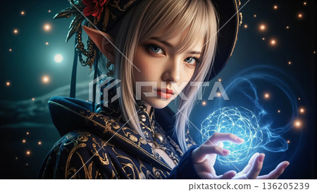 一位長著貓耳的美麗黑魔法師正在施法 一位長著貓耳的美麗黑魔法師正在施法 136205239