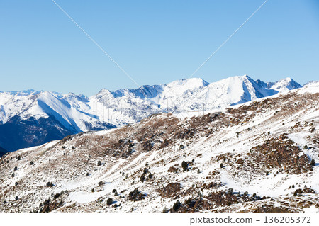 Snow capped mountain range under clear blue sky Snow capped mountain range under clear blue sky 136205372