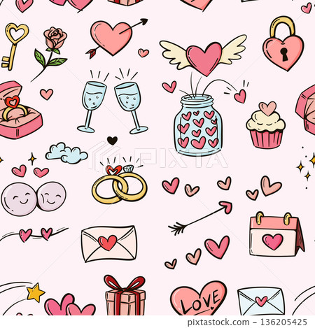 valentine seamless pattern background, cute drawing cartoon of heart, love, ring, rose, letter, Champagne, cup cake, key, calendar isolated on pink background, flat minimal style 136205425
