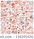 set of cute drawing cartoon of Valentine with heart, cupid, pet, text outline isolated on white background 136205426